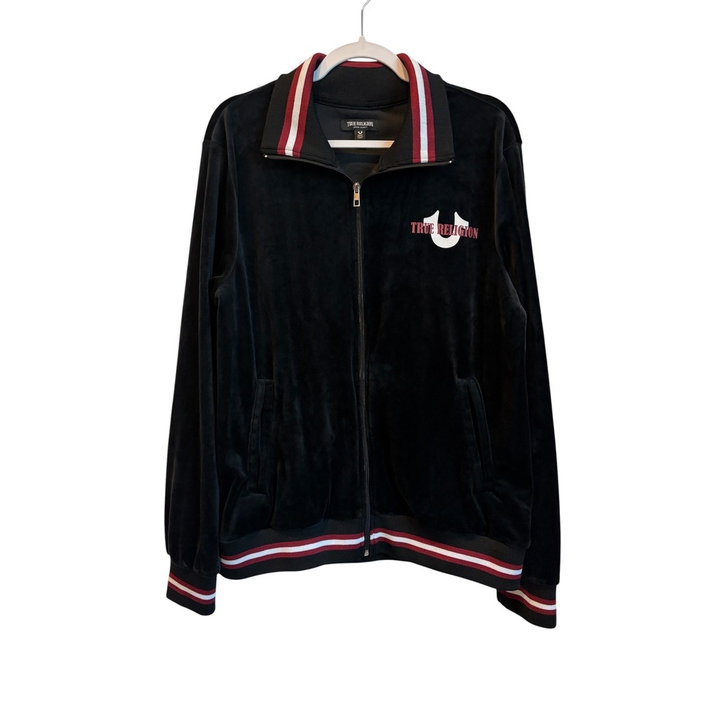 True Religion Mens Velour Tour Track Jacket Size Medium Black World Tour